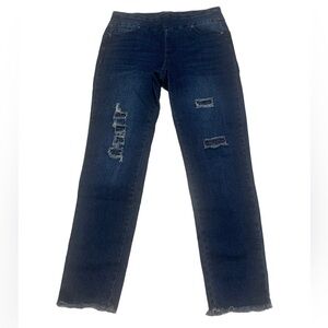 Cleo Dark Wash Distressed Pull-On Jeans with Embellishments - Size 6